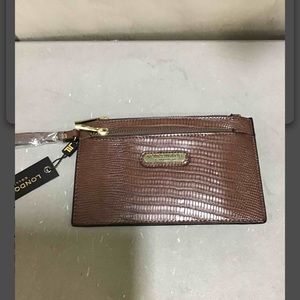 London Fog Danica Lizard Wristlet Double Pouch. Brown